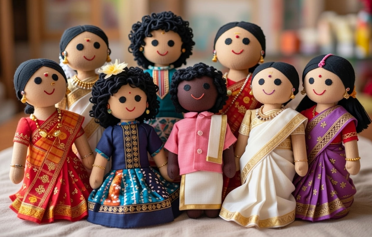 Set of dolls dressed in traditional attire, representing diversity.